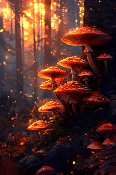 A cluster of mushrooms thrives on a tree branch in the lush forest, surrounded by an atmosphere of tranquility and natural beauty