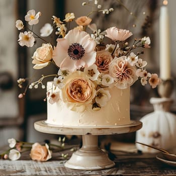 A beautiful white cake adorned with flowers sitting atop a cake stand. Perfect for weddings or special events. The delicate petals of roses make it a stunning centerpiece