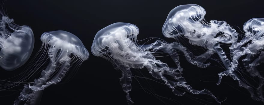 A Group of Jellyfish Floating on Black Background.