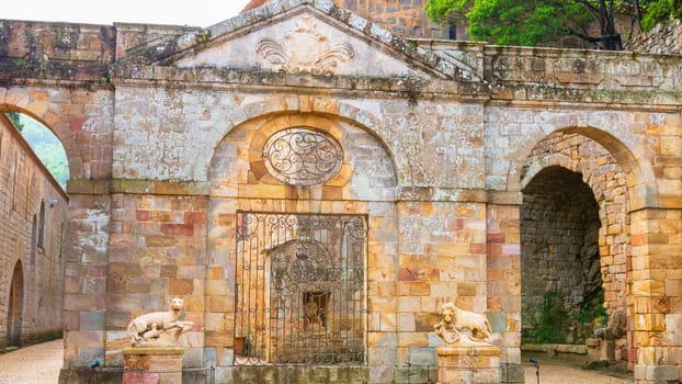 Fontfroide Abbey or Abbaye de Fontfroide is monastery in France gothic walls and arches