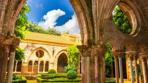 Fontfroide Abbey or Abbaye de Fontfroide is monastery in France gothic walls and arches