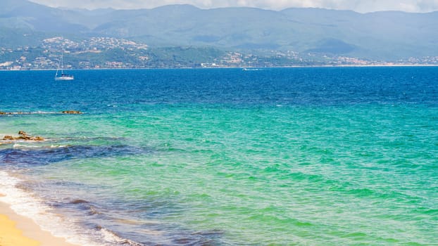 Ajaccio public beach, summer landscape of Corsica Island, France