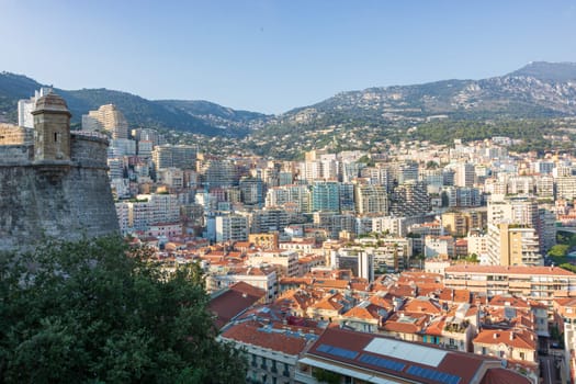 Panoramic view of Monte Carlo marina and cityscape. Principality of Monaco, French Riviera