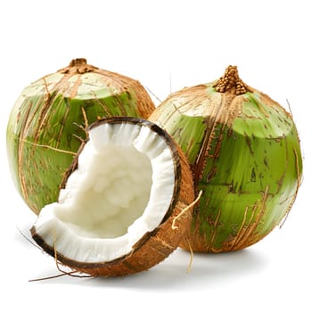 Three green coconuts, one cut in half, displayed on a white background. Coconuts are versatile fruits that are commonly used as a staple food ingredient in many dishes