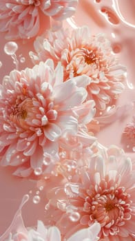 A cluster of pink flowers, with delicate petals, floating in a peachcolored liquid. The blossoms belong to a shrub, showcasing a beautiful pattern in closeup