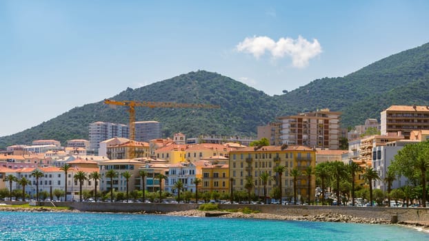 Ajaccio public beach, summer landscape of Corsica Island, France