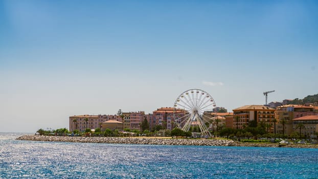 Ajaccio public beach, summer landscape of Corsica Island, France