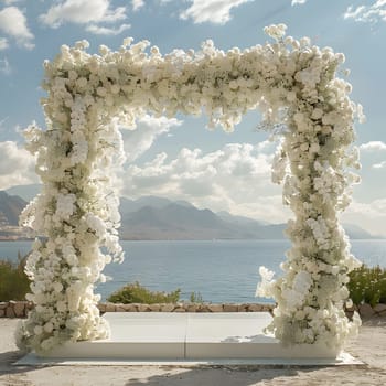 a wedding arch decorated with white flowers overlooking the ocean. High quality photo