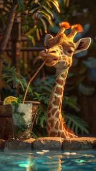 Giraffe Enjoying a Cocktail by the Pool.