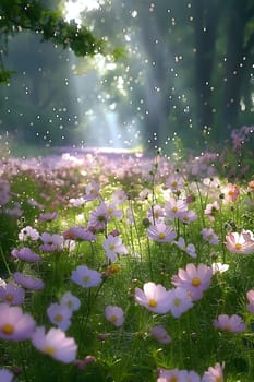 A meadow of pink and white flowers bathed in sunlight, surrounded by trees. The vibrant petals of flowering plants create a natural landscape filled with beauty and tranquility