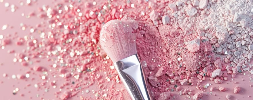 Close-up of makeup brush and powder explosion on pink background.
