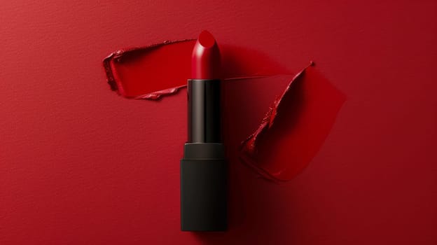 Close up of red lipstick on red background.