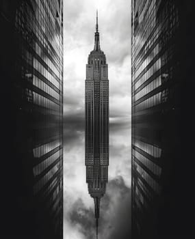 A blackandwhite photo showcasing the Empire State Building between two tall buildings, creating a dramatic atmosphere with the sky and clouds in the background