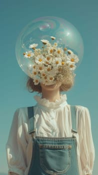 Woman Wearing Overalls and Soap Bubble With Daisies Instead of a Head.
