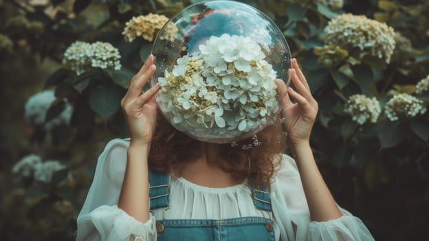 Woman Wearing Overalls and Soap Bubble with Flowers Instead of a Head.