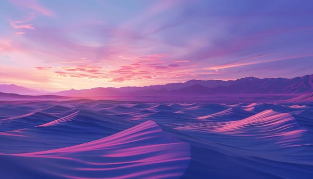 A beautiful landscape painting of a sunset over a desert with mountains in the background. The sky is filled with purple cumulus clouds, creating a serene atmosphere