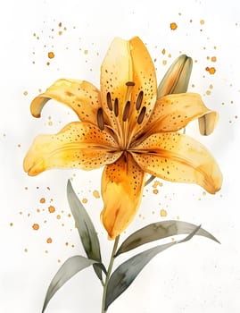 A watercolor painting showcasing a vibrant yellow lily with green leaves on a white background, capturing the beauty of this terrestrial plant in exquisite detail