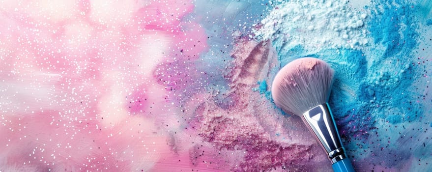 Makeup Brush and Powder Explosion on Blue and Pink Background.
