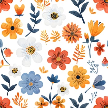 A white textile product featuring a creative arts pattern of colorful flowers and leaves in azure, orange, and aqua. The intricate design includes petals and leaves in a seamless line