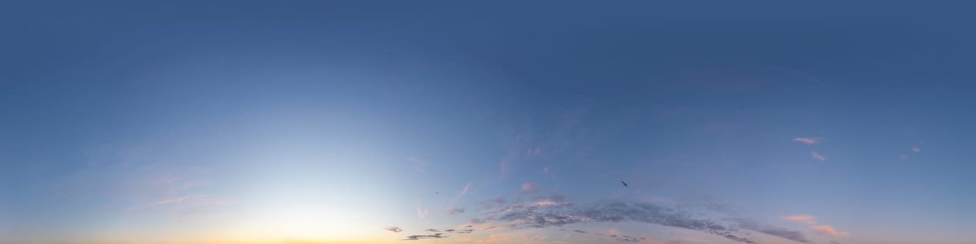 Dark blue sunset sky panorama with pink Cumulus clouds. Seamless hdr 360 pano in spherical equirectangular format. Full zenith for 3D visualization, game, sky replacement for aerial drone panoramas