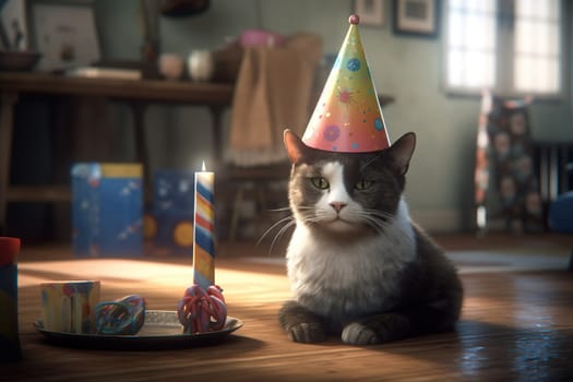 3D Cat With Party Hat Sits By A Birthday Gift In A Room