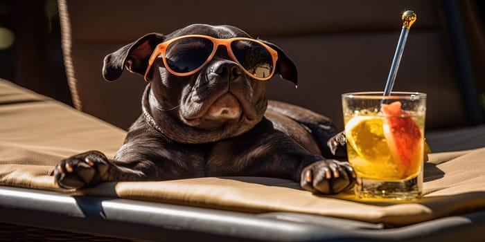 Pug In Funny Sunglasses And With An Alcoholic Cocktail Lies By The Pool