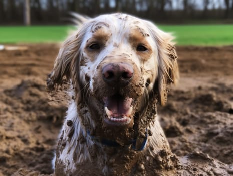 Joyful Golden Retriever Dog Dirty In The Mud