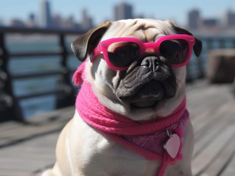 Adorable Humorous Pug Dog Breed In Pink Sunglasses