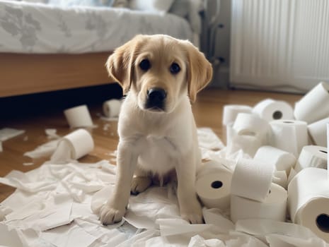 Cute Puppy Dog That Has Made A Mess Indoors, With Toilet Paper Rolls Scattered Everywhere