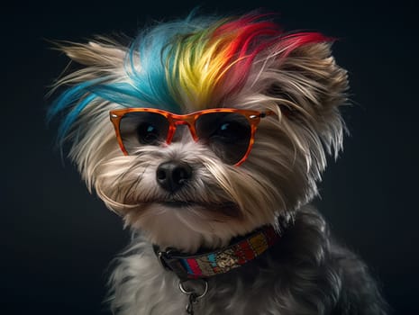 Adorable Humorous Yorkshire Terrier With Dyed Hair Wearing Sunglasses