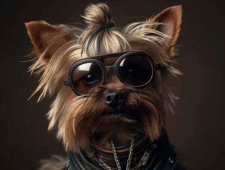 Humorous Yorkshire Terrier In Sunglasses Dressed As A Rock Star