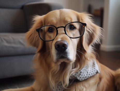 Golden Retriever Breed, A Smart Dog In Glasses, Looking At The Camera