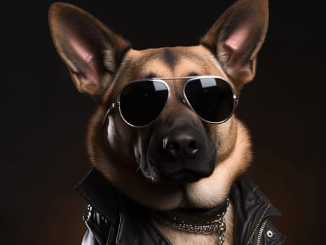 Cool German Shepherd Dog Breed In Stylish Leather Jacket And Sunglasses