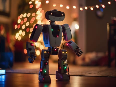 Robot Toy Positioned On A Floor In A Room Decorated For Christmas