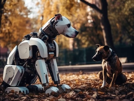 Large Robotic Dog And Actual Dog Playing In Park
