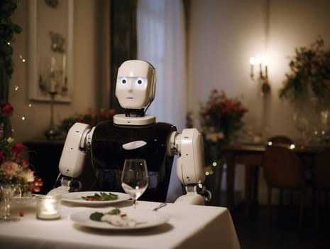 Android Robot Seated At A Restaurant Table, Concept Of Dating