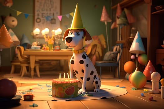 Cartoon Dog In A Party Hat Joyfully Celebrates Its Birthday With Cake