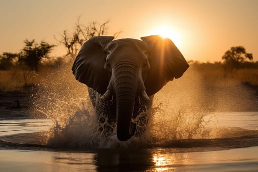 Elephant Playing With Water In River Close Up At Sunset