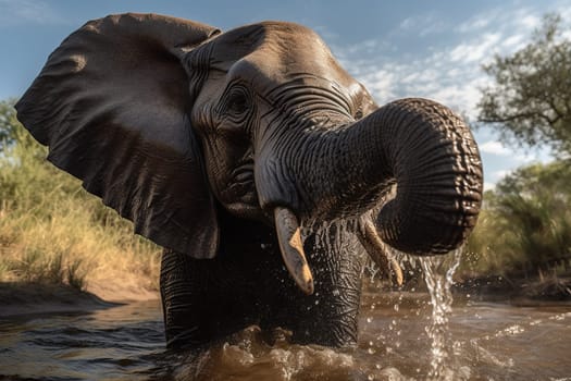 Humorous Close-Up Shot Of An Elephant Playing With Water In A River