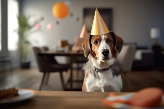 3D Dog In Party Hat With Gift, Sitting At Table In Blurry Room