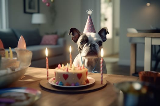 3D Dog With Party Hat And Birthday Cake On Table In Blurred Living Room