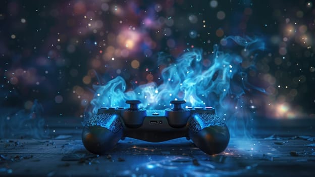 A video game controller with blue flames coming out of it, Generative AI.