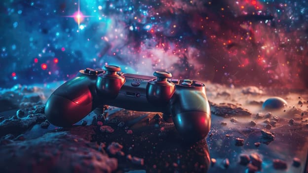 A black Playstation controller is on a rocky surface in front of a starry sky, Generative AI.