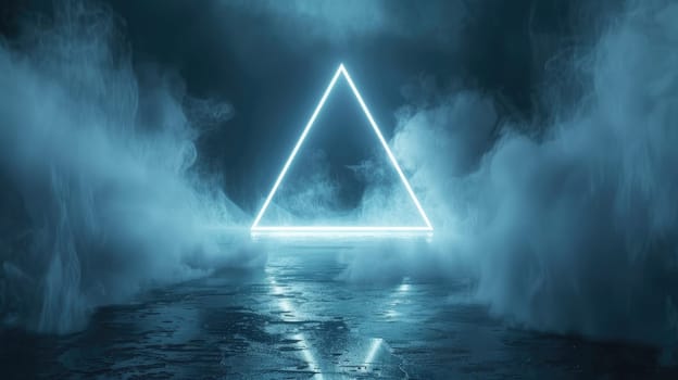 A blue and neon lighted triangle is in the middle of a foggy, misty background, Generative AI.