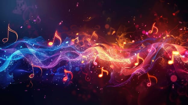 A colorful, swirling line of notes with a lot of sparkles, Generative AI.