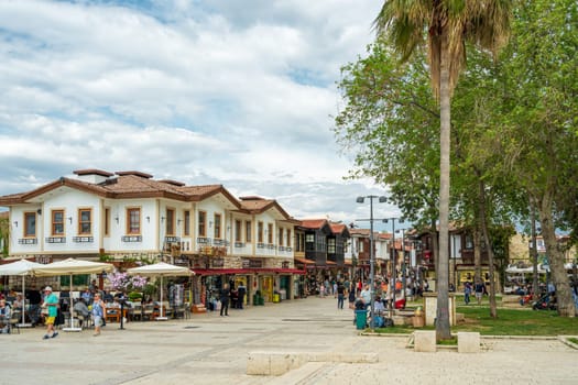 Side, Manavgat, Turkey – April 9, 2024: The city square of the town of Side, which contains an ancient city, in the Manavgat district of Antalya