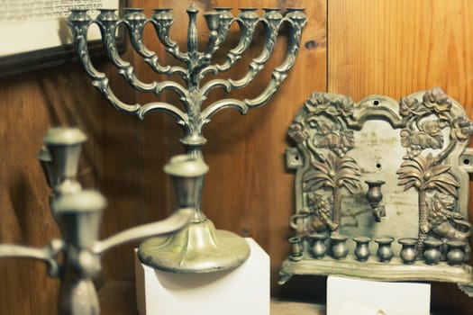 Jewish symbols. Antique Star of David and menorah. High quality photo