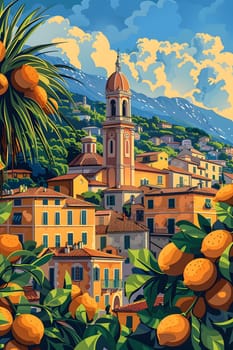 An artistic landscape painting showcasing a city nestled among palm trees and orange groves, under a vibrant sky filled with fluffy clouds and a backdrop of lush greenery