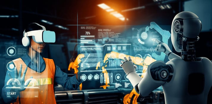 MLP Mechanized industry robot and human worker working together in future factory. Concept of artificial intelligence for industrial revolution and automation manufacturing process.