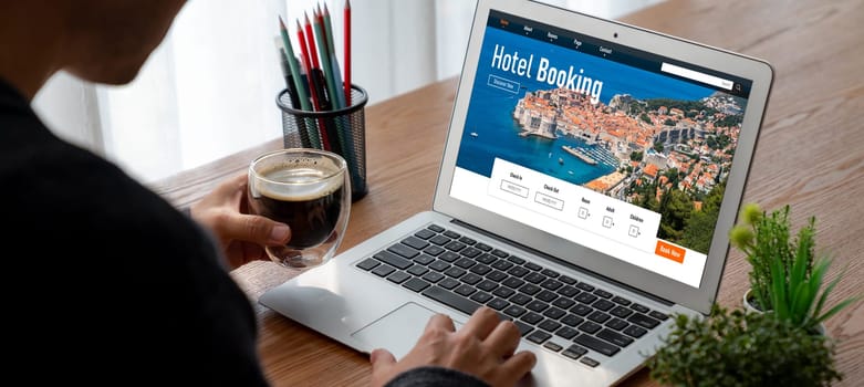 Online hotel accommodation booking website provide modish reservation system . Travel technology concept .